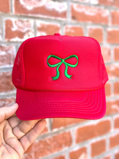 Bow Embroidered Trucker Hat-red