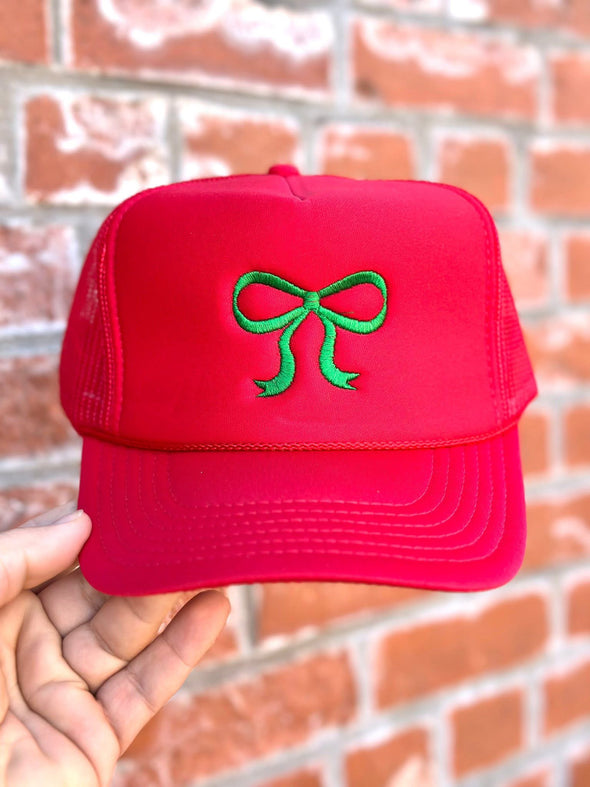Bow Embroidered Trucker Hat-red