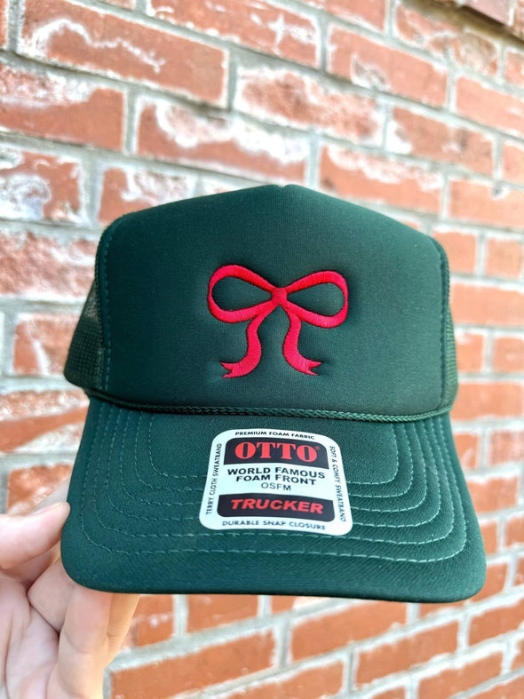 Bow Embroidered Trucker Hat-Dark Green