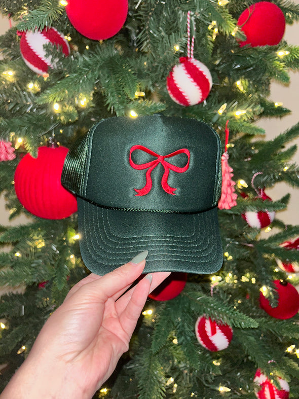 Bow Embroidered Trucker Hat-Dark Green